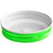 A green and white plastic lid with a white cap.