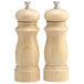 A wooden salt and pepper mill set with a natural finish.