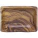 A brown and black rectangular wooden dish with a black stripe.