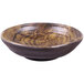 An Elite Global Solutions wood grain melamine bowl with a brown and black wood grain pattern.
