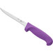 A Choice 6" narrow stiff boning knife with a purple handle.