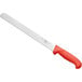 A white and red Choice bread knife with a red handle.