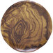 A round wood grain melamine plate with a brown pattern.