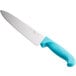 A Choice 8" chef knife with a neon blue handle.