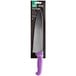 A Choice chef knife with a purple plastic handle.