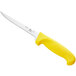 A Choice narrow stiff boning knife with a yellow handle.
