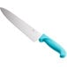 A Choice chef knife with a neon blue handle.