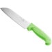 A Choice Santoku knife with a neon green handle and a granton edge.