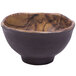 A brown melamine bowl with a wood grain pattern on a table.