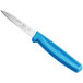 A Choice serrated edge paring knife with a blue handle.