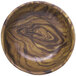 An Elite Global Solutions wood grain melamine bowl with a brown swirl pattern.