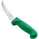 A Choice curved boning knife with a green handle.
