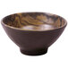 An Elite Global Solutions wood grain melamine bowl with a brown wood grain pattern.
