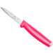 A Choice paring knife with a neon pink handle.