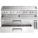 A Cooking Performance Group stainless steel gas countertop griddle with manual controls over a 2 drawer refrigerated chef base.
