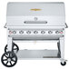 A silver Crown Verity outdoor mobile grill with a roll dome on wheels.