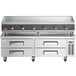 A Cooking Performance Group 72" countertop griddle and refrigerated base with drawers.