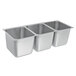 A row of three Vollrath stainless steel undermount sink bowls.
