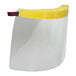 A San Jamar face shield with a yellow foam headband.