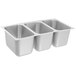 A row of three stainless steel Vollrath sink containers with three compartments.