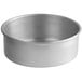 A silver aluminum round cake pan.