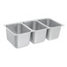 A row of three Vollrath stainless steel sink compartments in a counter.