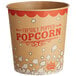 A brown and red Carnival King Kraft popcorn bucket with white and red text that reads "Freshly Popped Popcorn"