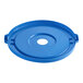 A blue Lavex round lid for a recycling container with a hole in the center.