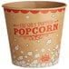 A brown and red Kraft paper bucket with white and red text reading "Freshly Popped Popcorn" and "Carnival King" on it.