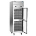 A Beverage-Air stainless steel refrigerator and freezer with glass half doors open.