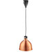 A ServIt copper ceiling mount heat lamp with a black cord.
