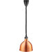 A copper ceiling mount heat lamp with a black retractable cord.
