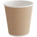 A brown Choice paper hot cup with a white rim and brown stripes.