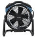 An XPOWER black and blue utility fan on a stand.