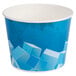A white paper ice bucket with blue and white ice cubes on it.