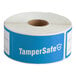 A roll of blue TamperSafe labels with white accents.