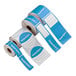 A roll of blue TamperSafe labels with white customizable text on a white background.