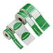 A group of rolls of green and white TamperSafe labels with customizable green and white text.