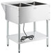A stainless steel ServIt electric steam table with two wells on an adjustable wire shelf.