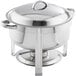 A Choice stainless steel round soup chafer with chrome accents on a stand and lid.