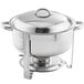A silver Choice Deluxe soup chafer with a lid on a stand.