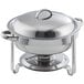 A Choice stainless steel chafer with a lid on a stand with chrome accents.
