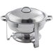 A Choice stainless steel round chafer with chrome accents on a stand with a lid.