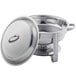 A stainless steel Choice Deluxe round chafing dish with a lid and chrome accents.