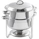 A stainless steel Choice Deluxe round soup chafer with chrome accents.