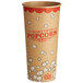 A brown Kraft paper cup with red and white text and white clouds that has popcorn in it.
