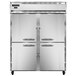A white Continental Refrigerator with two stainless steel half doors with silver handles.