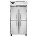 A white rectangular Continental Reach-In Freezer with 2 half doors and a stainless steel handle.