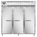 The open stainless steel doors of a Continental Refrigerator reach-in refrigerator.