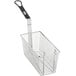A 13 1/4" x 5 5/8" stainless steel fryer basket with a front hook.